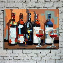 Pintura al óleo sobre lienzo de alta calidad, pintura pintada a mano, botella y copa de vino, arte de pared, imagen para sala de estar 2024 - compra barato