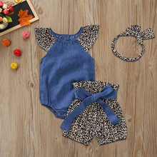Джинсовый комбинезон для маленьких девочек; комбинезон + шорты с леопардовым принтом + повязка на голову; Одежда для новорожденных; одежда для маленьких девочек 2024 - купить недорого