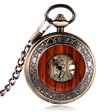 Мужские Механические карманные часы в стиле стимпанк, высококачественные медные часы с ручной обмоткой, с резьбой по дереву и цепочкой 2024 - купить недорого