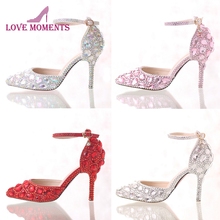 Zapatos de novia con diamantes de imitación, zapatos de punta puntiaguda, tacones de aguja, Correa al tobillo, zapatos de fiesta de boda, sandalias de verano de Color plateado, Rosa y Rojo 2024 - compra barato