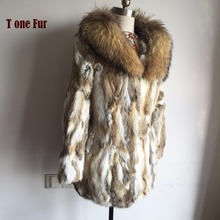2020 100% genuíno casaco de pele de coelho com gola de pele de guaxinim natural venda direta da fábrica quente puro casaco longo ksr157 2024 - compre barato