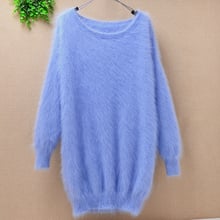 Senhoras mulheres de médio longo moda mink cashmere o-pescoço solto fofo angorá mão de malha de pele de coelho solto pullover vestido de camisola 2024 - compre barato