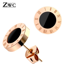 ZWC 2019 Fashion Roman Digital Titanium Steel Stud Earrings for Women Stainless Steel Hypoallergenic Round Earring Trend Jewelry 2024 - buy cheap