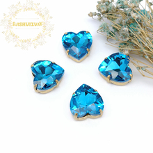 Hot sale Turquoise blue Heart Glass Crystal sew on rhinestones with gold claw Diy wedding dress accessories Free shipping 2024 - buy cheap