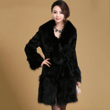 Women Winter Coat Long Real Rabbit Fur Jackets With Fox Fur Collar Cuff Slim Belt Genuine Fur Warm Garment Female Outwear Cloth 2024 - buy cheap