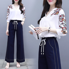 Embroidery Shirts Wide Leg Pants Two Piece Set Temperament Fashion Ensemble Femme Survetement Brief Wild Thin Women's Suit 2024 - buy cheap