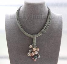 Hot sale new Style >>>>>16" 14mm white gray black pink pearls gray leather necklace magnet clasp j9569 2024 - buy cheap