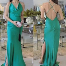 2021 Elegant Green Halter Neck Prom Dresses Criss Cross Back Side Split Elastic Silk Like Satin Formal Occasion Evening Dresses 2024 - buy cheap