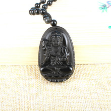 Pingente de obsidiana guanyin natural, pingente preto para homens e mulheres, amuleto budista esculpido em colar retrô com dropshipping 2024 - compre barato