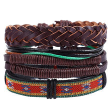 4pcs/set punk boho tibetan fabric dark brown leather cord macrame knots wrap wide ban Bracelets Bangles for man hand jewelry 2024 - buy cheap