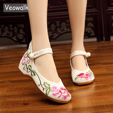 Veowalk Chinese Flower Embroidered Women Canvas Ballet Flats Ankle Buckles Mid Top Ladies Casual Comfort Walking Cotton Shoes 2024 - buy cheap