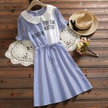 Preppy Style Summer Kawaii Women Dresses Peter Pan Collar Striped Ropa Mujer Short Sleeve Letter Printed Linen Elegant Dress 2024 - buy cheap