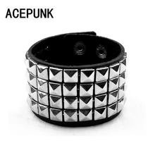 Hip Hop Shining Wide Bracelet Punk Rivet Leather Bracelets Rock 4 Rows Of 9MM Square Nails Wristband Three Buckle Adjustable 2024 - buy cheap