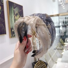 High-end hair accessories women bronzing sequins flower mesh yarn knotted wide-brimmed hairband headband girl hair band headwear 2024 - buy cheap