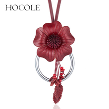HOCOLE Geniune Leather Flower Leaf Pendant Necklaces Vintage Women Long Tassel Big Choker Necklace Statement Jewelry Collares 2024 - buy cheap