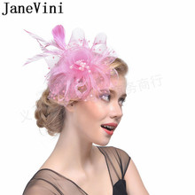 Janevini chapéu de noiva elegante, chapéu de penas para casamento e fascinator rede de pérolas cor de rosa chapéu para mulheres faixa de cabelo 2024 - compre barato