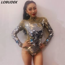 Женское сценическое боди, роскошный костюм золотого цвета со стразами и серебряными зеркалами 2024 - купить недорого