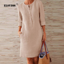 ELSVIOS 5XL Autumn Long Sleeve Cotton Linen Dress Women Sexy Button O Neck Solid Mini Dress Casual Plus Size Party Dress Vestido 2024 - buy cheap