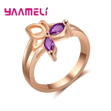 Rose Gold Noble Purple Rings For Women Fashion Cubic Zirconia Princess Rings Wedding   Engagement Bijoux Ring Jewelry 2024 - buy cheap