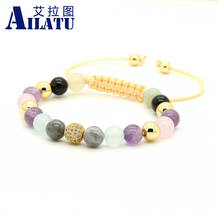 Ailatu Womens Jewelry Wholesale 10pcs/lot 8mm Natural Stone beads & 8mm Micro Paved Clear Cz Beads Macrame Bracelet 2024 - buy cheap