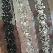 flower 1yard rhinestone Vintage Beaded Lace Trim Mesh Fabric Paillette Lace Beaded Pearl Trims Ribbon Braid Lace Appliques 2024 - buy cheap