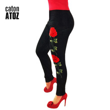 CatonATOZ-pantalones vaqueros rasgados de cintura alta para mujer, pantalón negro con bordado de flores, elásticos, ajustados, 2102 2024 - compra barato