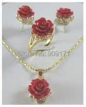 Frete grátis>>>> bonito cristal vermelho coral rosa flor pingente brinco anel conjunto da senhora 2024 - compre barato