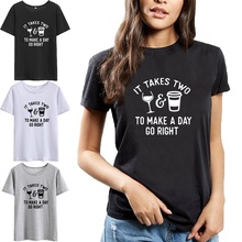 It takets Two Wine Coffee, футболка с графическим рисунком, Женская хлопковая футболка с коротким рукавом и круглым вырезом, Женский Топ, черный, белый цвет, свободная женская футболка 2024 - купить недорого