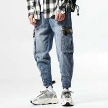 Новые модные мужские джинсы карго Свободные мешковатые потертые джинсовые брюки Лоскутные джоггеры Брюки Синий Плюс Размер Уличная мужская одежда 2024 - купить недорого