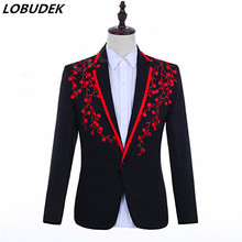 Men's Casual Coat Applique Design Suit Jacket Black-red Floral Blazers Male Singer Host Wedding Groom Dress Slim Coat Costume 2024 - buy cheap