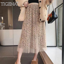 TIGENA 2019 Autumn Winter Vintage Tulle Leopard Skirts Women Fashion High Waist Pleated Skirt Female A-line Long Maxi Skirt 2024 - buy cheap