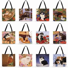 Bolso de compras reutilizable para mujer, bolsa de playa con estampado de gato y dibujos animados, informal, regalo de Navidad 2024 - compra barato