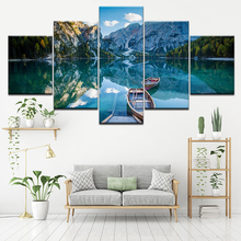 Fotos arte da parede lona 5 peças montanha lago navio e céu azul nuvem branca cenário modular pintura decoração quadros quarto impressões 2024 - compre barato
