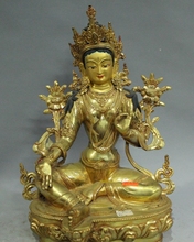Estatua de Buda de oro de 24K de 13 pulgadas, estatua de diosa de la Tara, Buda, Joss, Loto verde 2024 - compra barato