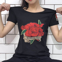 Rose embroidered t-shirt women 2022 summer new short-sleeved cotton o-neck top tees 2024 - buy cheap