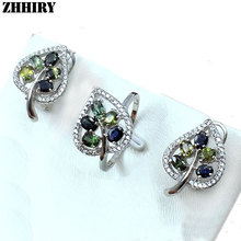 Zhhiry conjunto de prata esterlina 925, conjunto com pedra preciosa de safira natural para mulheres, brinco colorido e formato de folha, joias finas 2024 - compre barato