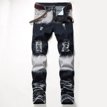 New Men Ripped Jeans Color Matching Design Creative Personality Elastic Pants Straight Slim Leg Zipper Decoration Casual Jeans 2024 - buy cheap
