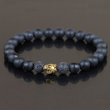 1Pc Mens Matte Black Nature Beads Bracelet,Gold-color Skull Bracelet Jewelry,Black Lava Rock Beads Bracelet,Stretch Bracelet 2024 - buy cheap