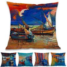 Oil Painting Style Sunset Dusk Seaside Little Sailing Boat Moored landscape Throw Pillow Case Home Sofa Decoration Cushion Cover 2024 - buy cheap