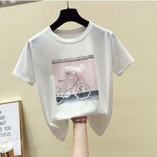 GGRIGHT-camisetas con estampado de diamantes para mujer, blusas de algodón con cuello redondo de manga corta, camisetas blancas y rosas para mujer, Top Harajuku 2019 2024 - compra barato