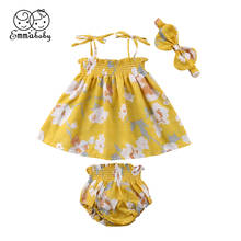 Summer Baby Girls Clothing Set Kids Clothes Yellow Strappy Flower Top T-shirt Dress Baby Shorts Girl Headband 3PCS Outfit 2024 - buy cheap