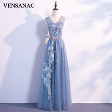 VENSANAC A Line V Neck Lace Appliques 2018 Long Evening Dresses Elegant Metal Leaf Sash Backless Party Prom Gowns 2024 - buy cheap