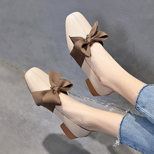 Retro Beige Women Mules Shoes 2019 Spring Newest Square Heels Female Low Top Pumps Bow Retro Women's Shoes 2024 - buy cheap