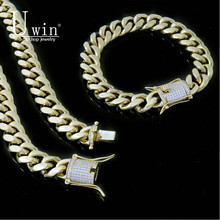 UWIN-Conjunto de pulsera y cadena de eslabones cubanos de Miami, 14mm, cierre de diamantes de imitación AAA, collar de acero inoxidable dorado, joyería de Hip Hop 2024 - compra barato