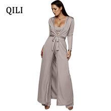 QILI 2019 Autumn Women Long Sleeve Jumpsuits 3 piece Set Female Robe+Short Top+Wide Leg Long Pants Belted Set Solid Jumpsuits 2024 - buy cheap