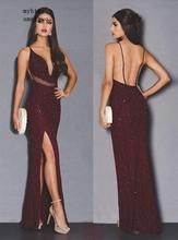 Sexy Slit Sparkly Mermaid Prom Dress Longo Borgonha Abrir Voltar Lantejoulas Festa Formal Vestidos de Noite Com Decote Em V Profundo Vestidos De Gala 2024 - compre barato