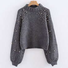 New Pearl O-neck Winter Knitted Sweater Women Lantern Sleeve Loose Gray Pullover Female Soft Warm Autumn Casual Jumper Pullovers 2024 - buy cheap