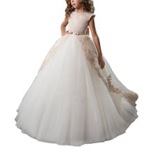 Champagne Cap Sleeves Lace Elegant Wedding Pageant Dress For Girls Bow Sweep train  Ball Gowns Lace Flower Girls Princess Dress 2024 - buy cheap