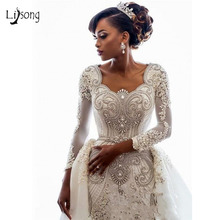 Luxury Gonna Shiny Crystal Wedding Dresses 2019 Full Sleeves Beaded Lace Bridal Gowns Detachable Train Robe De Mariee 2024 - buy cheap
