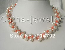 free shipping >>>>>Beautiful 17"2row 8mm white FW pearl and coral necklace 2024 - buy cheap